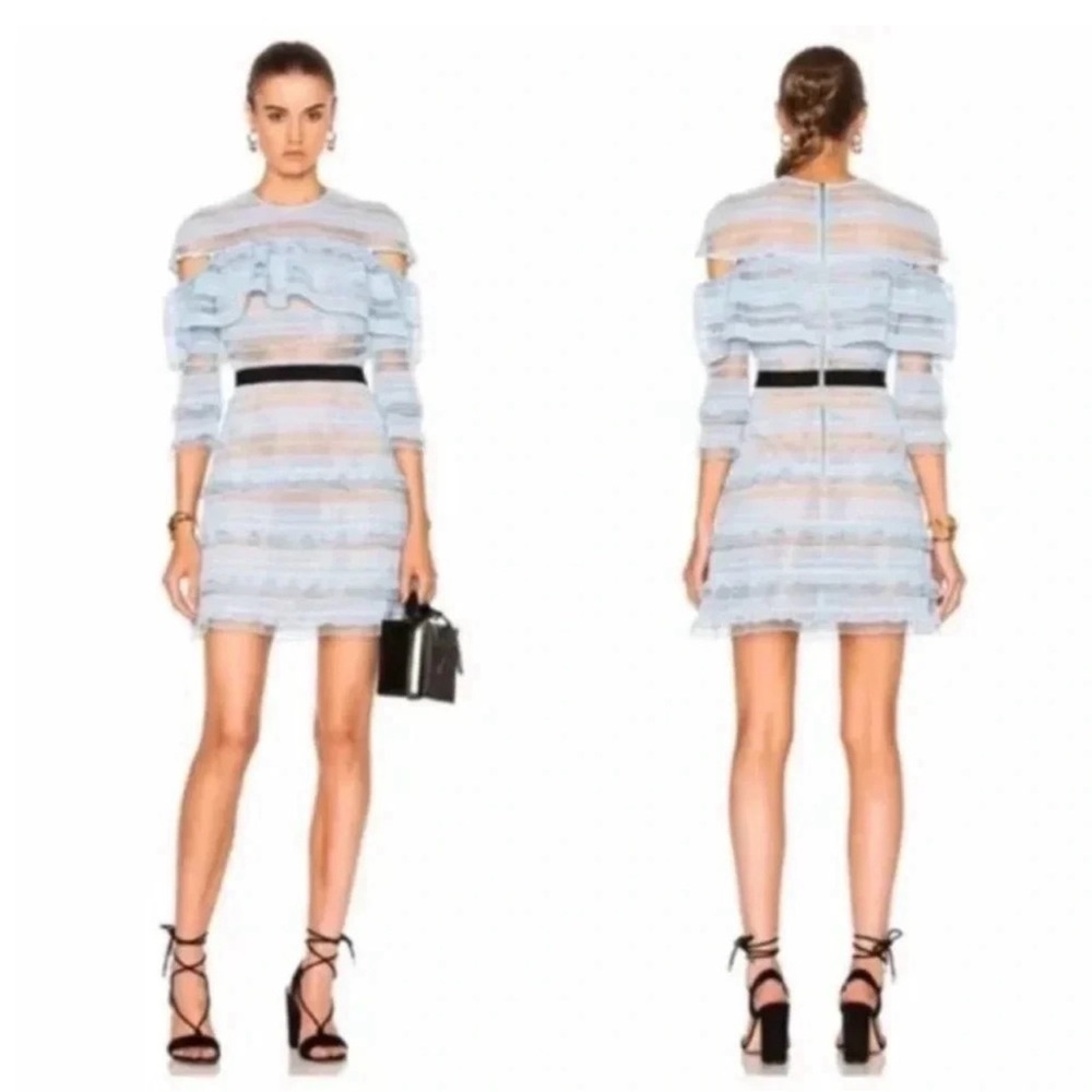 Self-Portrait Blue and nude Sheath Dress with Puff Sleeves